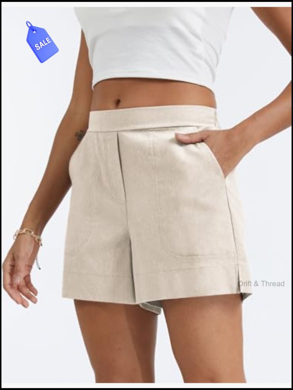Linen-Blend Wide-Leg Shorts Mid-Rise with Pockets Casual Summer - Picture 3 of 7
